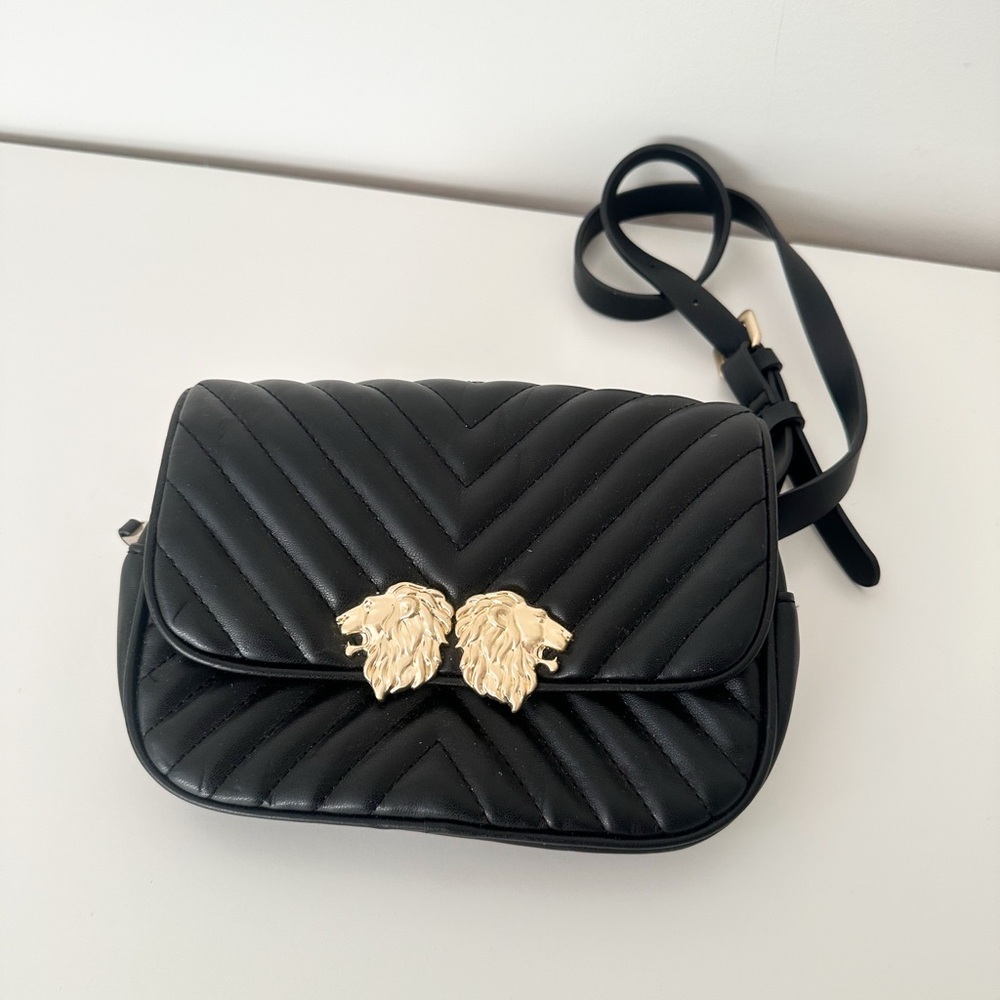 Zara Black Chevron Crossbody Bag with Gold Detail